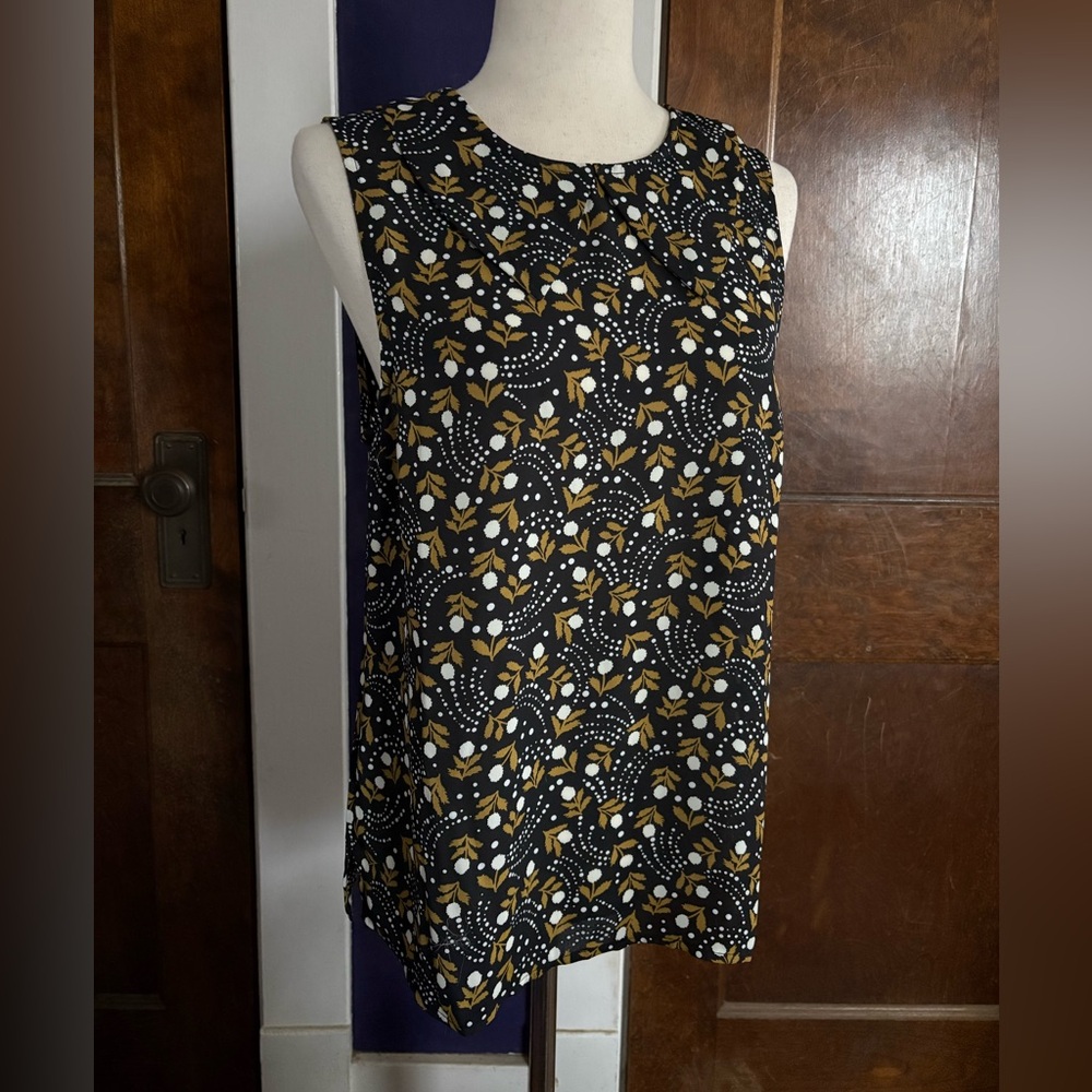 Modcloth Vintage Pattern Black Gold Floral Sleeveless Blouse Top Peterpan Collar